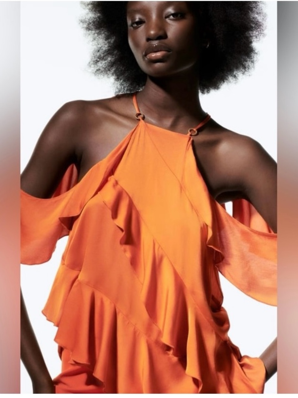 Zara Orange Ruffle Halter Cold-Shoulder Top